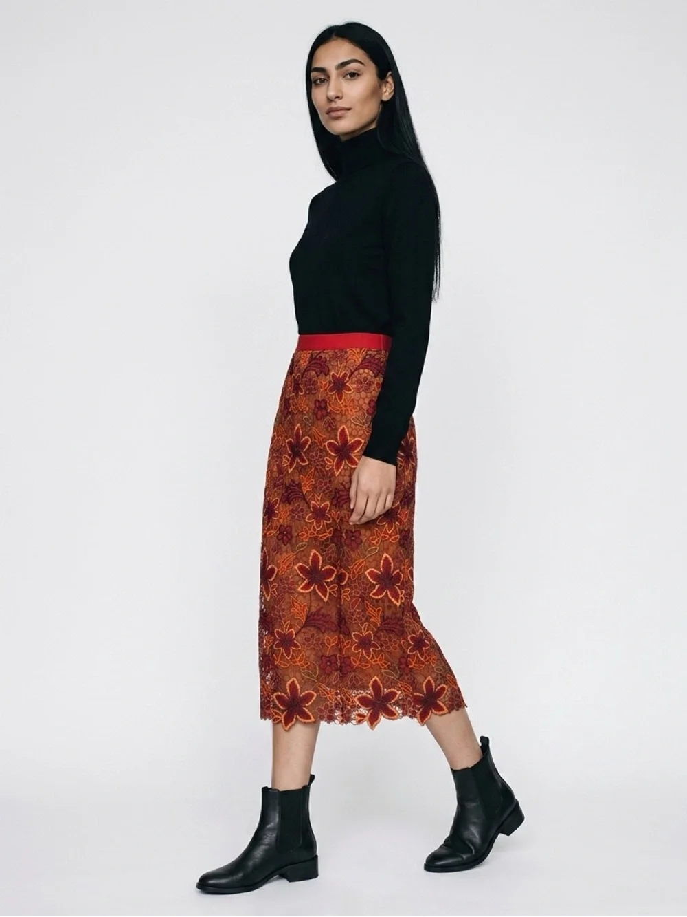 Nora Barth Embroidered Floral Midi Pencil Skirt in Red and Orange